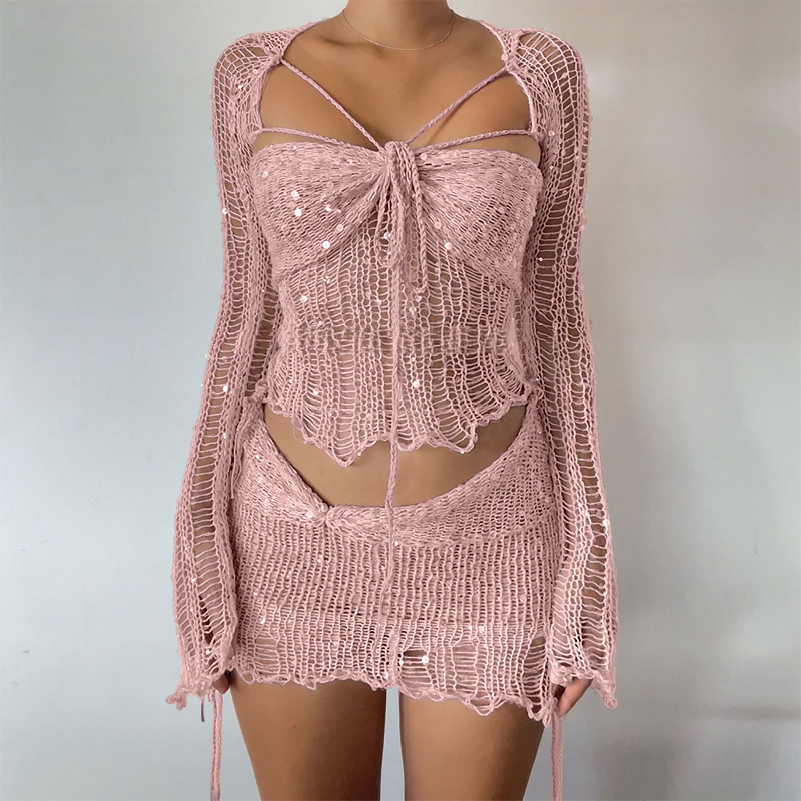thumbnail image 2 of Conjunto de vestido sexy con top tubo y lentejuelas huecas para mujer - Conjunto de dos piezas, poliéster, ropa para discoteca y fiesta, S-XL, 2 of 5